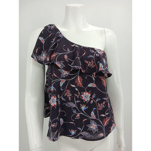 ASTR The Label Womens Blouse One Shoulder Ruffle Floral Lined Plum Multi XS